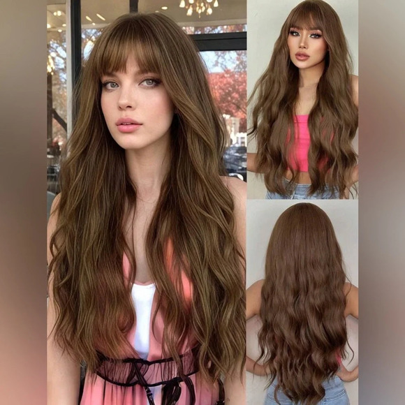 30” Long Curly Chestnut  Wig with bangs natural look. for daily use - Picture 1 of 9